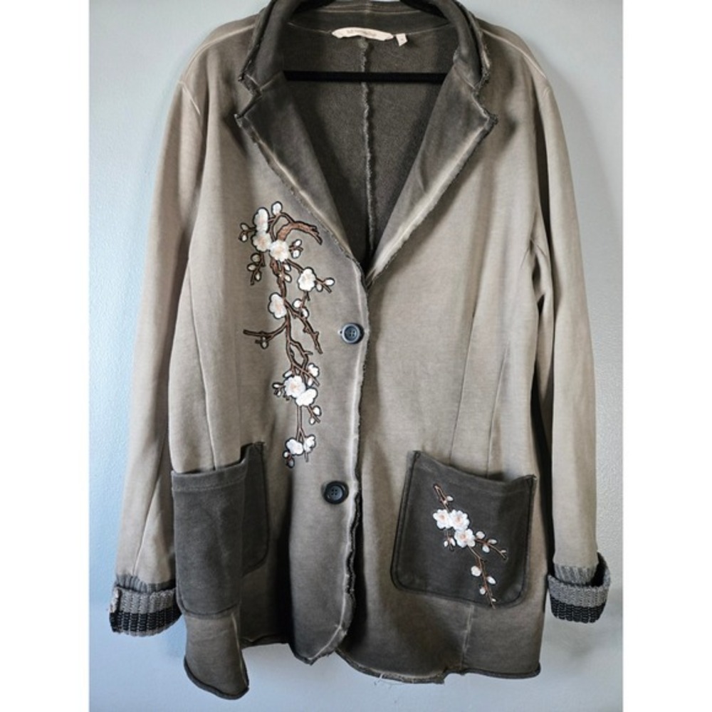 Soft Surroundings Olive Green Embroidered Jacket XL Cotton Raw Edge Floral